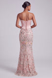 Pink Corset Mermaid Satin Sequins Embroidered Strapless Prom Dress with Pearls