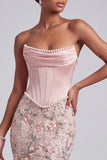 Pink Corset Mermaid Satin Sequins Embroidered Strapless Prom Dress with Pearls