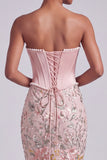 Pink Corset Mermaid Satin Sequins Embroidered Strapless Prom Dress with Pearls