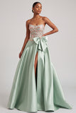 Green Corset A-Line Satin Appliques Strapless Prom Dress with Bow and Slit