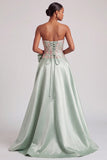 Green Corset A-Line Satin Appliques Strapless Prom Dress with Bow and Slit