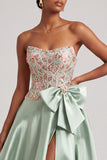 Green Corset A-Line Satin Appliques Strapless Prom Dress with Bow and Slit