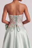 Green Corset A-Line Satin Appliques Strapless Prom Dress with Bow and Slit