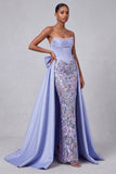 Lavender Corset Mermaid Satin Pearls Sequins Embroidery Strapless Prom Dress with Bow