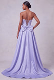 Lavender Corset Mermaid Satin Pearls Sequins Embroidery Strapless Prom Dress with Bow