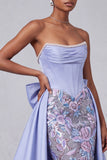 Lavender Corset Mermaid Satin Pearls Sequins Embroidery Strapless Prom Dress with Bow