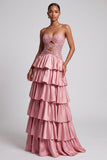 Dusty Rose Cut Out Tiered Ruffled Sequins Strapless Long Prom Dress