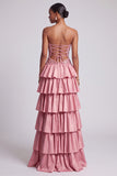 Dusty Rose Cut Out Tiered Ruffled Sequins Strapless Long Prom Dress