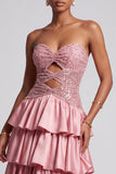 Dusty Rose Cut Out Tiered Ruffled Sequins Strapless Long Prom Dress