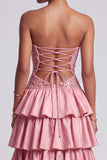 Dusty Rose Cut Out Tiered Ruffled Sequins Strapless Long Prom Dress