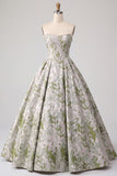 Sage Green Corset Ball Gown Jacquard Strapless Long Prom Dress with Pearls
