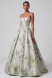 Sage Green Corset Ball Gown Jacquard Strapless Long Prom Dress with Pearls