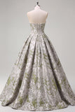 Sage Green Corset Ball Gown Jacquard Strapless Long Prom Dress with Pearls