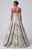 Sage Green Corset Ball Gown Jacquard Strapless Long Prom Dress with Pearls