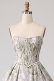 Sage Green Corset Ball Gown Jacquard Strapless Long Prom Dress with Pearls