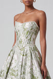 Sage Green Corset Ball Gown Jacquard Strapless Long Prom Dress with Pearls