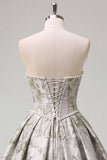 Sage Green Corset Ball Gown Jacquard Strapless Long Prom Dress with Pearls