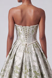 Sage Green Corset Ball Gown Jacquard Strapless Long Prom Dress with Pearls