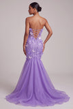Purple Corset Sheer Mermaid Strapless Long Prom Dress with 3D Butterfly Appliques