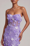 Purple Corset Sheer Mermaid Strapless Long Prom Dress with 3D Butterfly Appliques
