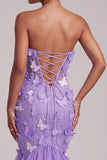 Purple Corset Sheer Mermaid Strapless Long Prom Dress with 3D Butterfly Appliques