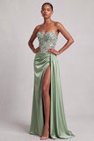 Green Corset Satin Feather Sequins Strapless Long Prom Dress with Side Slit