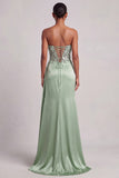 Green Corset Satin Feather Sequins Strapless Long Prom Dress with Side Slit