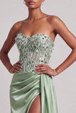 Green Corset Satin Feather Sequins Strapless Long Prom Dress with Side Slit