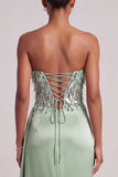 Green Corset Satin Feather Sequins Strapless Long Prom Dress with Side Slit