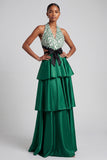 Dark Green Halter A-Line Tiered Ruffled Satin Cut Out Fringed Prom Dress with Bow