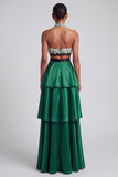 Dark Green Halter A-Line Tiered Ruffled Satin Cut Out Fringed Prom Dress with Bow