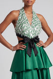Dark Green Halter A-Line Tiered Ruffled Satin Cut Out Fringed Prom Dress with Bow