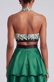 Dark Green Halter A-Line Tiered Ruffled Satin Cut Out Fringed Prom Dress with Bow