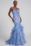 Blue Mermaid Ruffled Floral Appliques Organza Strapless Prom Dress with Bow