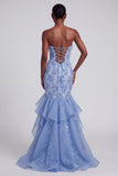 Blue Mermaid Ruffled Floral Appliques Organza Strapless Prom Dress with Bow