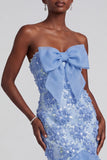 Blue Mermaid Ruffled Floral Appliques Organza Strapless Prom Dress with Bow