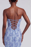 Blue Mermaid Ruffled Floral Appliques Organza Strapless Prom Dress with Bow
