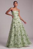 Green A-Line Sequins Floral Embroidered Strapless Prom Dress with Lace Up Back