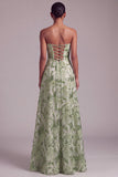 Green A-Line Sequins Floral Embroidered Strapless Prom Dress with Lace Up Back