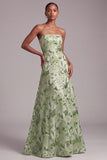 Green A-Line Sequins Floral Embroidered Strapless Prom Dress with Lace Up Back