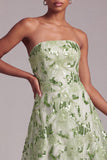 Green A-Line Sequins Floral Embroidered Strapless Prom Dress with Lace Up Back