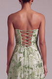 Green A-Line Sequins Floral Embroidered Strapless Prom Dress with Lace Up Back