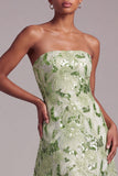 Green A-Line Sequins Floral Embroidered Strapless Prom Dress with Lace Up Back