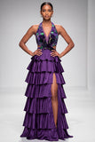 Satin Purple Halter Cut Out Tiered Ruffled Velvet Long Prom Dress with Slit