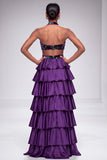 Satin Purple Halter Cut Out Tiered Ruffled Velvet Long Prom Dress with Slit