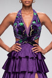 Satin Purple Halter Cut Out Tiered Ruffled Velvet Long Prom Dress with Slit
