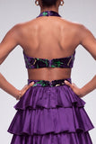 Satin Purple Halter Cut Out Tiered Ruffled Velvet Long Prom Dress with Slit