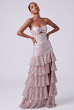 Blush Sequins Tiered Ruffled Keyhole Strapless Long Prom Dress with Side Slit