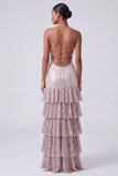 Blush Sequins Tiered Ruffled Keyhole Strapless Long Prom Dress with Side Slit