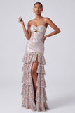 Blush Sequins Tiered Ruffled Keyhole Strapless Long Prom Dress with Side Slit